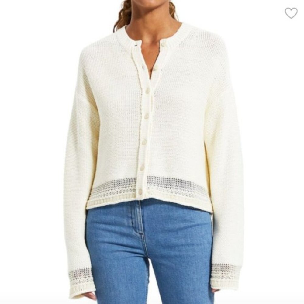 THEORY Mercer Crewneck Cardigan Ecru Cream Relaxed Cotton Blend Button Down